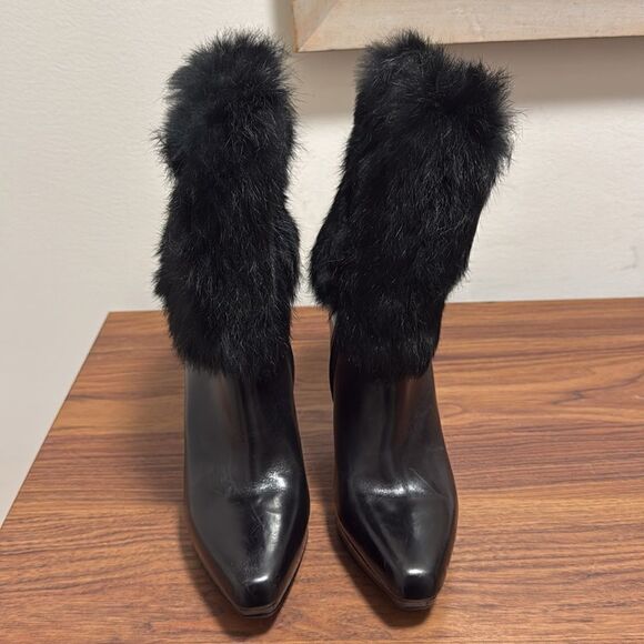 Via Spiga Eshy Black Leather Ankle Boots with Fur Cuff Platform, Stiletto Heel. - Picture 2 of 8